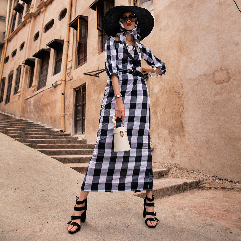 black and white plaid off the shoulder dress Cute Gingham Dress - Smocked Off-the-Shoulder Dress