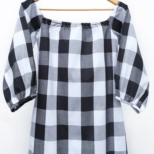 CHECKMATE OFF SHOULDER DRESS